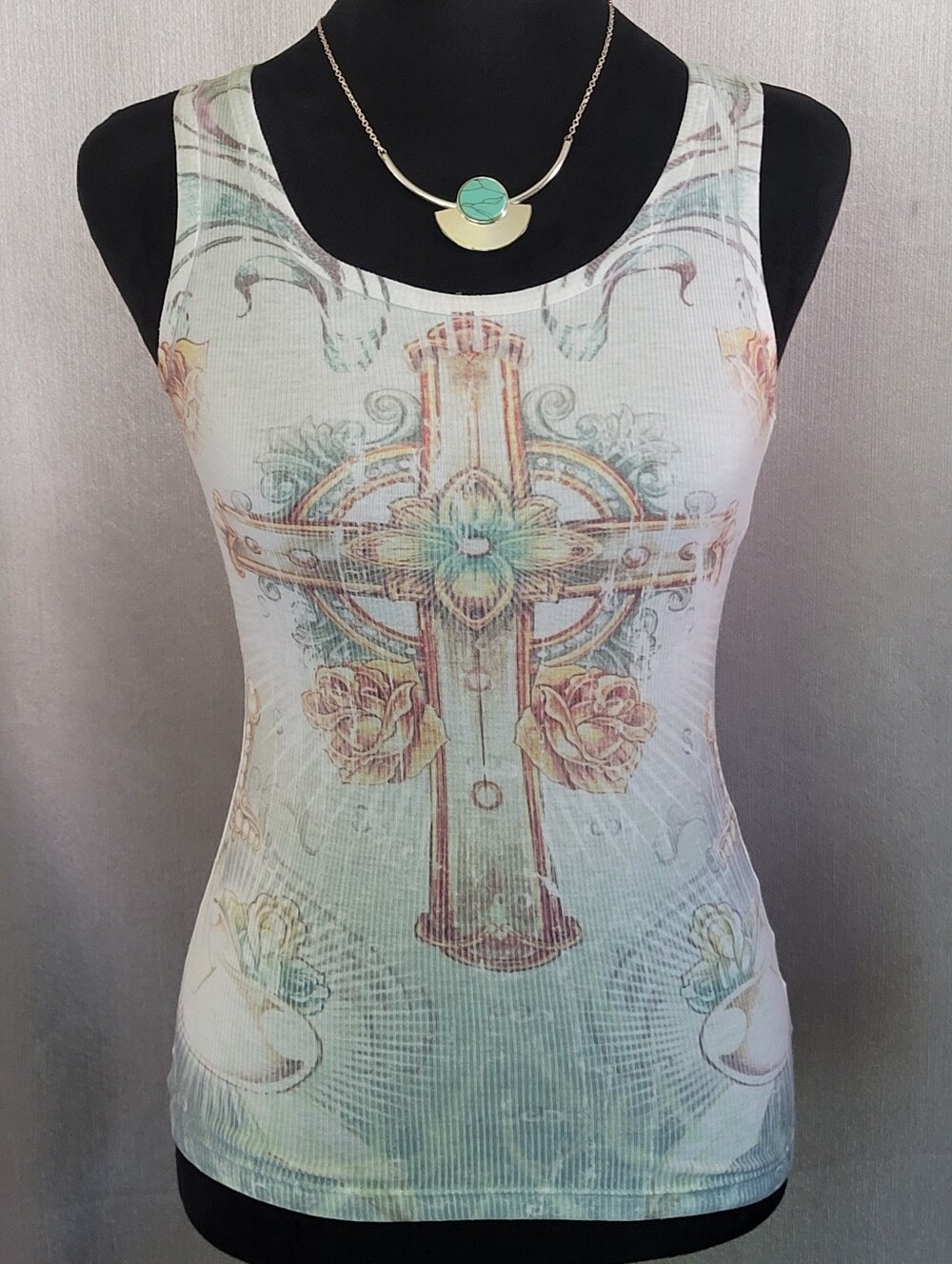 Sleeveless Mint Floral Cross Print Tank Top